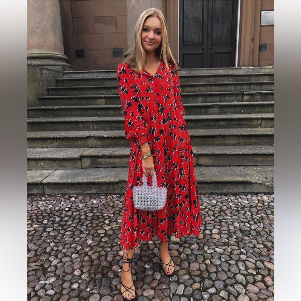 ZARA Angel Midi Maxi Red Black Floral Smock Flared Tiered Dress - Picture 3 of 13